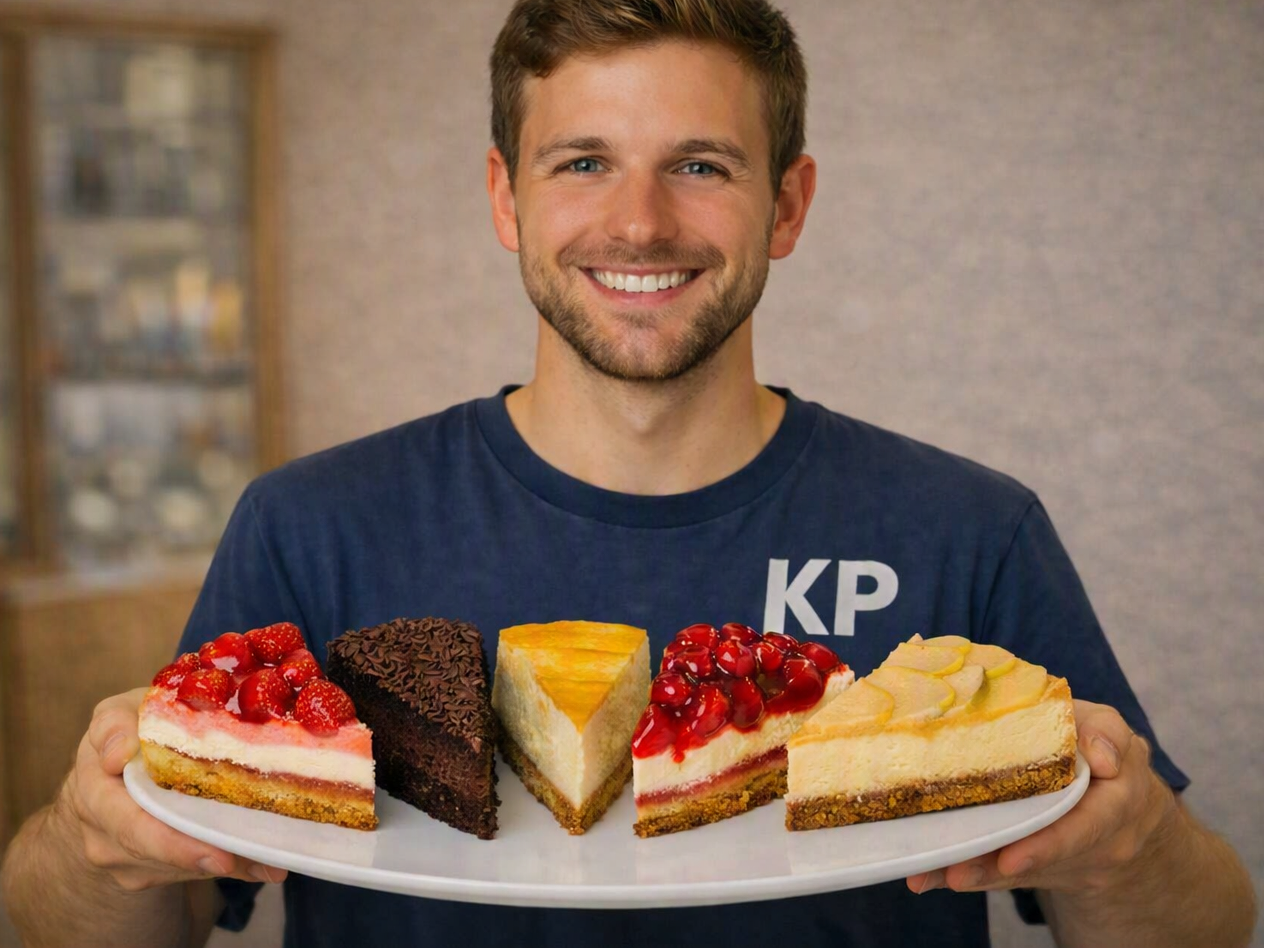 Klaus Peter mit blauem T Shirt und Aufschrift KP hält einen Teller mit fünf verschiedenen Kuchenstücken; die Hälfte des Kuchens steht symbolisch für 50 % Varianzaufklärung