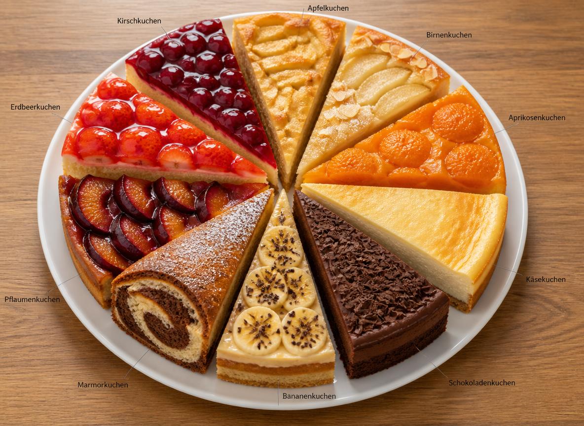 Teller mit zehn verschiedenen Kuchenstücken, jeweils eine Sorte: Kirsch , Apfel , Birnen , Aprikosen , Käse , Schokoladen , Bananen , Marmor , Pflaumen  und Erdbeerkuchen – die zusammen die Gesamtvarianz des Kriteriums symbolisieren.