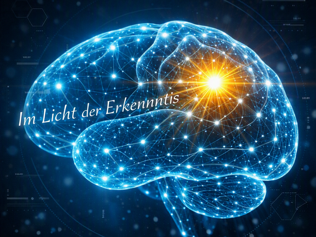 Digital visualisiertes Gehirn mit Lichtpunkt – Symbol für Erkenntnis.