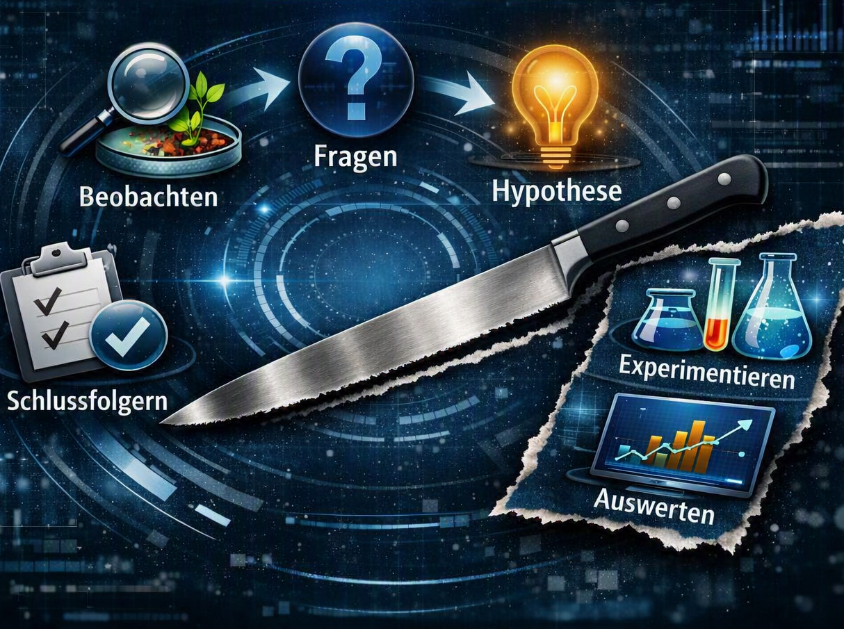 Messer trennt empirische Prüfschritte – Symbol für fehlende empirische Prüfung.